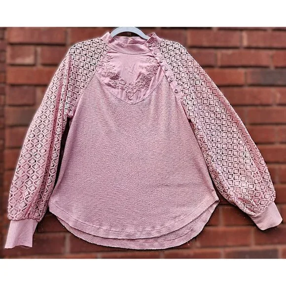 Free People Sweetest Thing Thermal Pink Blush Top Embroidery & Crochet Sz Medium - Picture 6 of 11